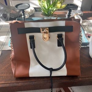 MICHAEL KORS Hamilton Center Stripe Large Leather Tote Brown White Black Gold